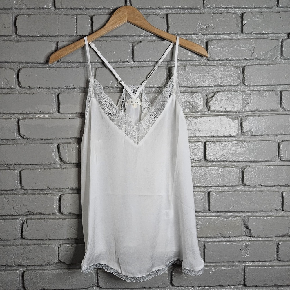 La Miel Womens Camisole Large Y2K Style Lace Trimmed White Adjustable Coquette